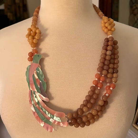 Pastel Tropical Bird Beaded Multi-Strand Necklace Retro Beach Style - Picture 2 of 13
